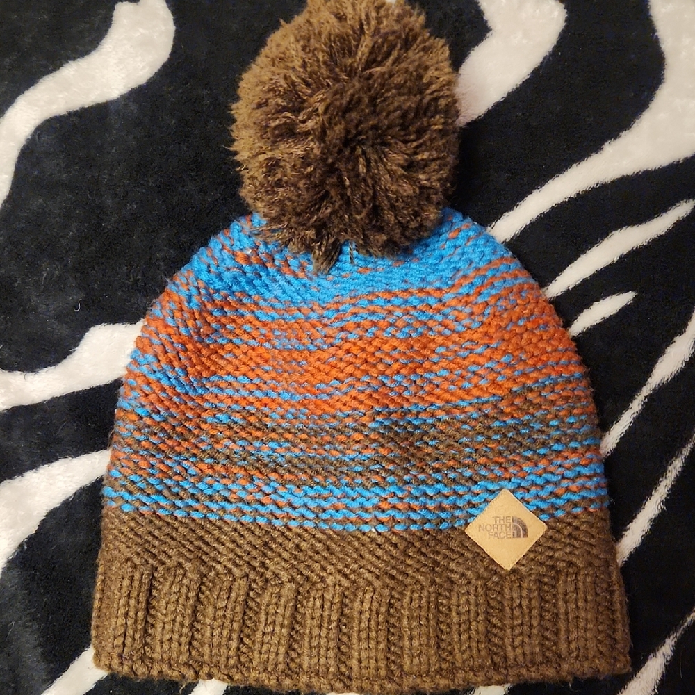 The North Face Kids' Blue and Brown Pom Beanie
